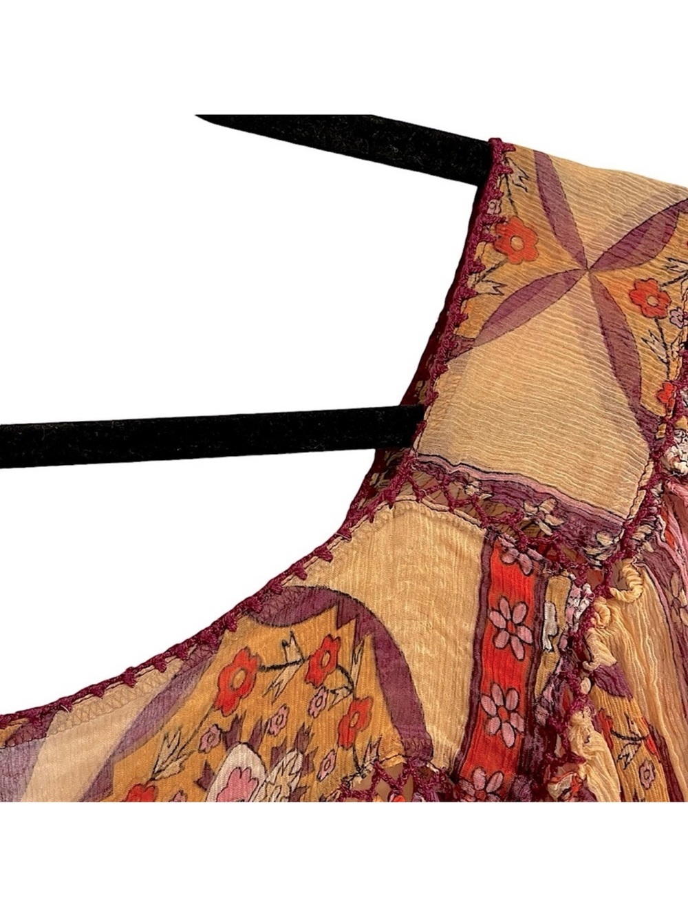 Ice Silk Boho Print Crochet Tassel Peasant Blouse Festival Cottagecore Top Sz S - Picture 10 of 12